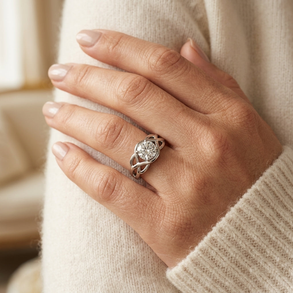 Round Solitaire Twisted Knot Engagement Ring - worn lifestyle photo