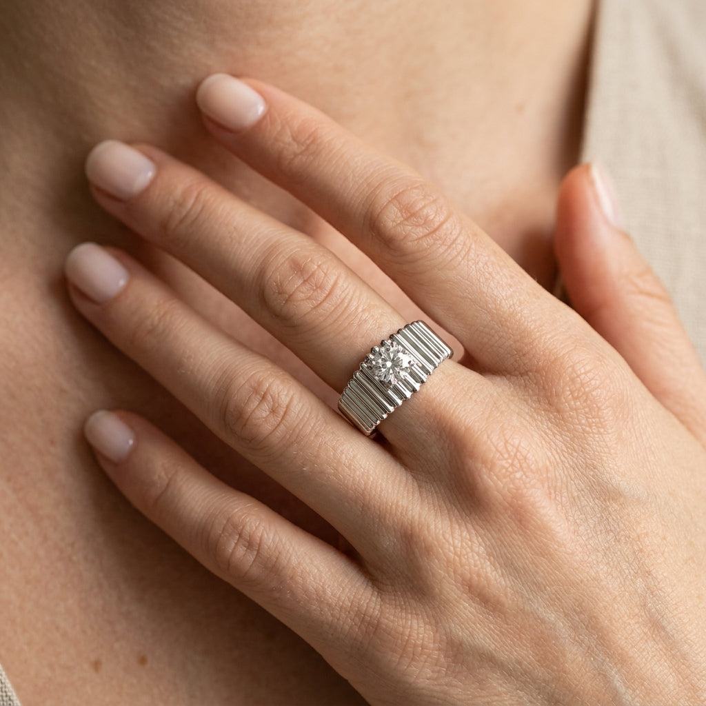 Solitaire Round Engagement Ring - worn lifestyle photo
