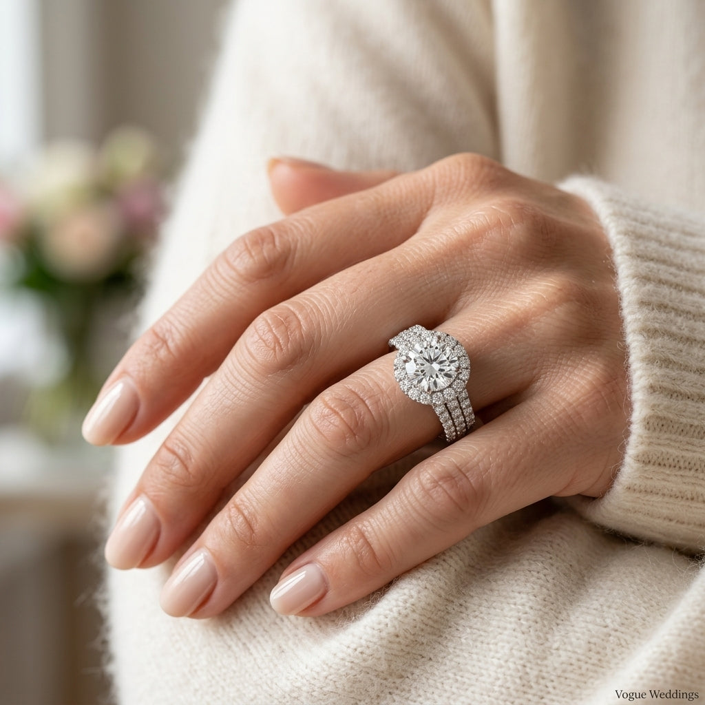 Multirow Pavé Round Halo Engagement Ring - worn lifestyle photo