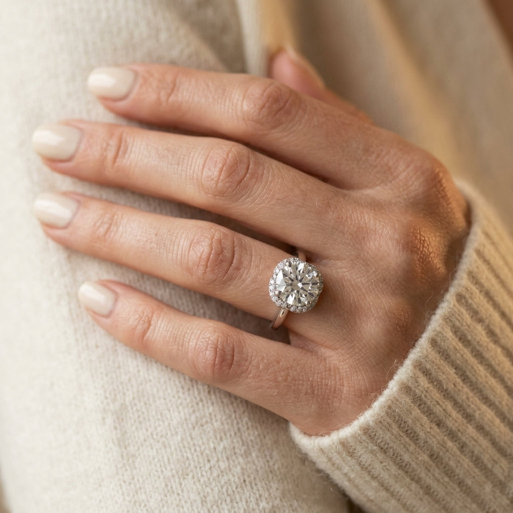 Solitaire Round Halo Engagement Ring - worn lifestyle photo