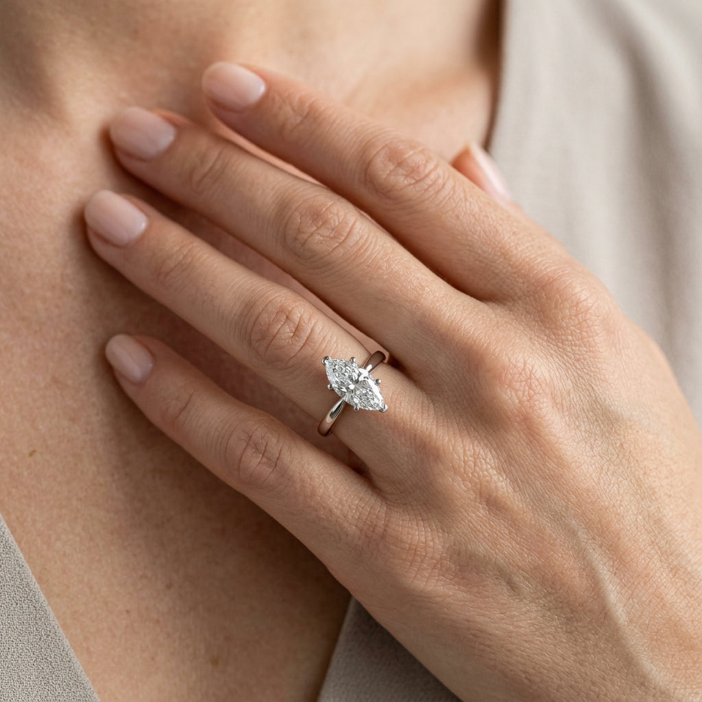 Solitaire Marquise Shape Engagement Ring - worn lifestyle photo