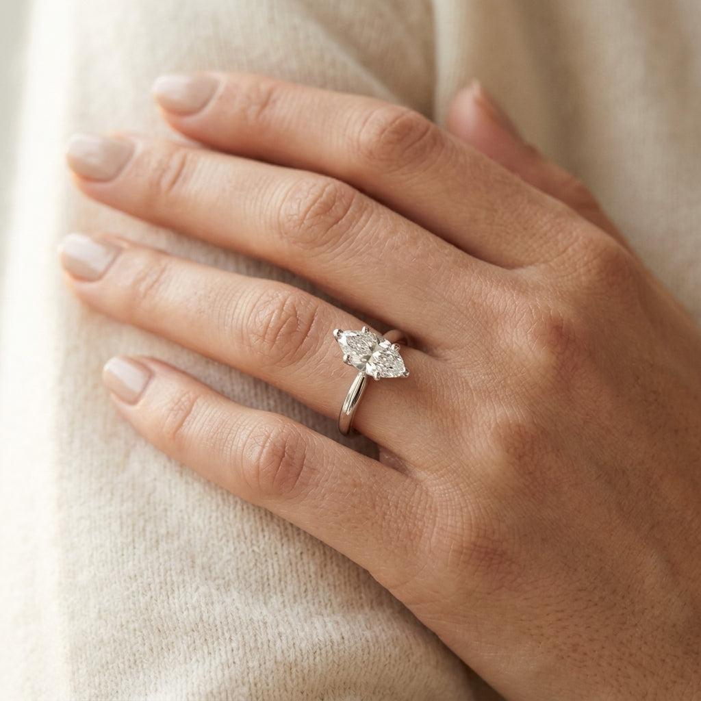 Solitaire Marquise Engagement Ring - worn lifestyle photo