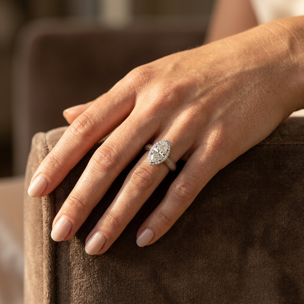 Marquise Shape Solitaire Halo Engagement Ring - worn lifestyle photo