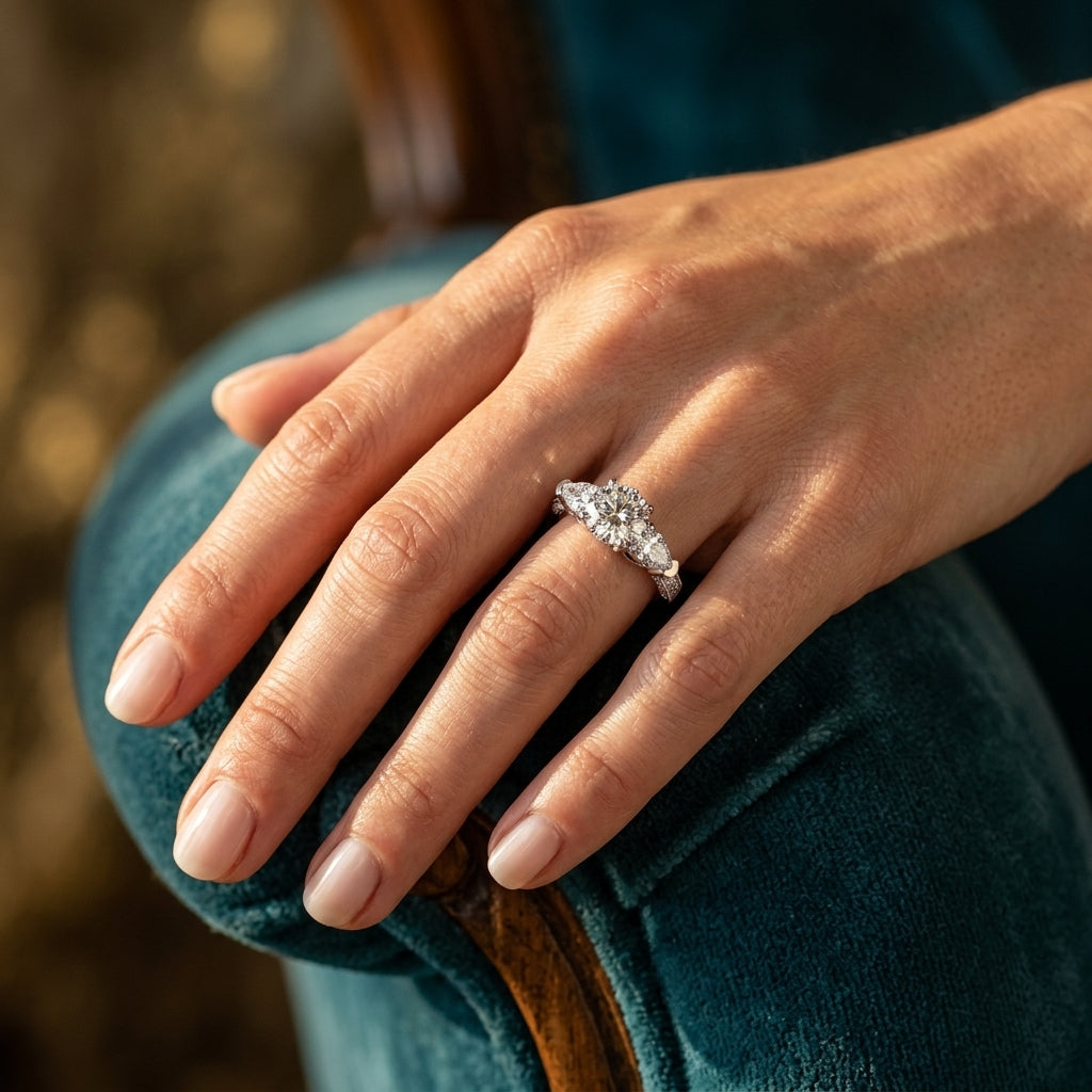3-Stone Prong Set Pear Shape Milgrain Engagement Rings - worn lifestyle photo