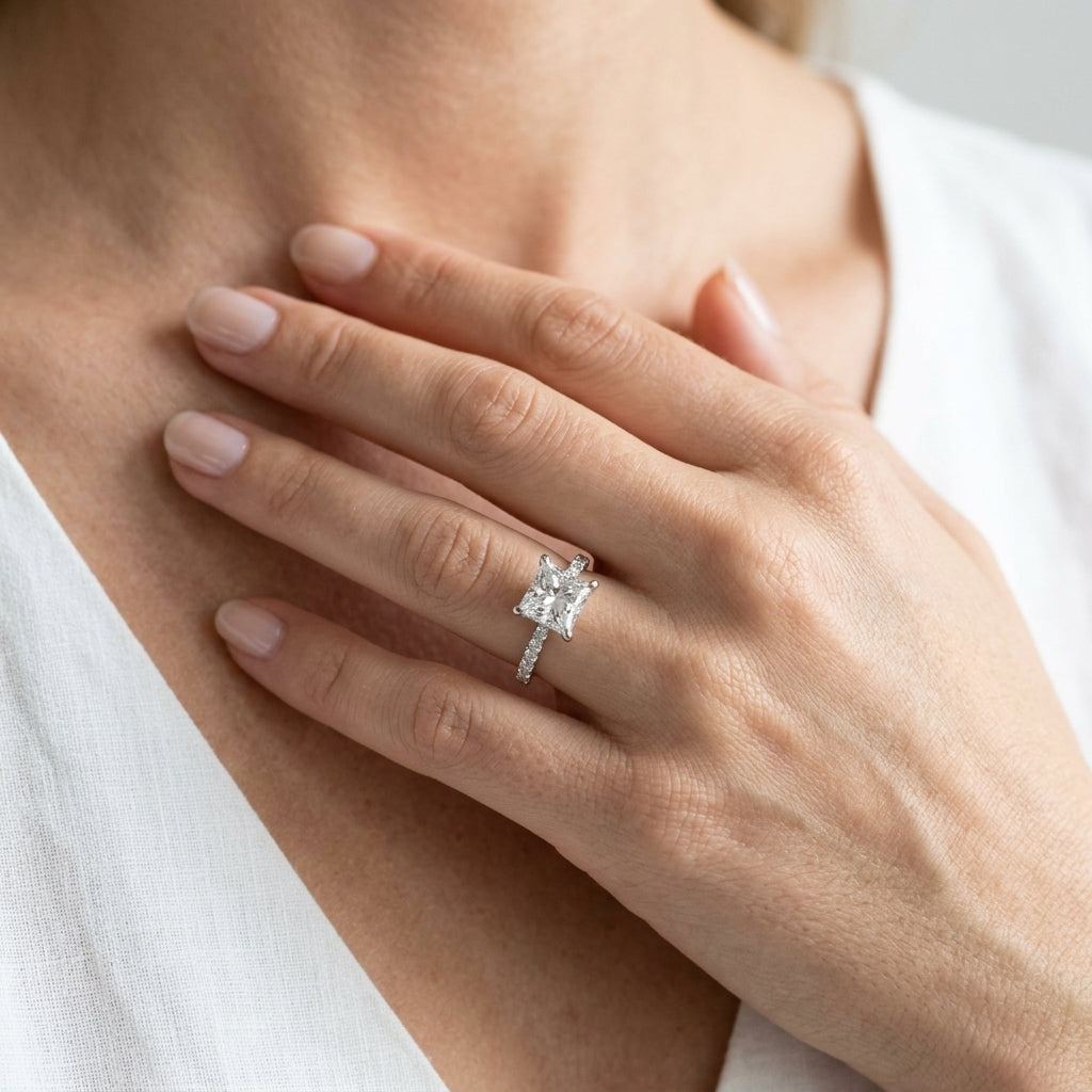 Princess Cut Hidden Halo Engagement Ring - worn lifestyle photo