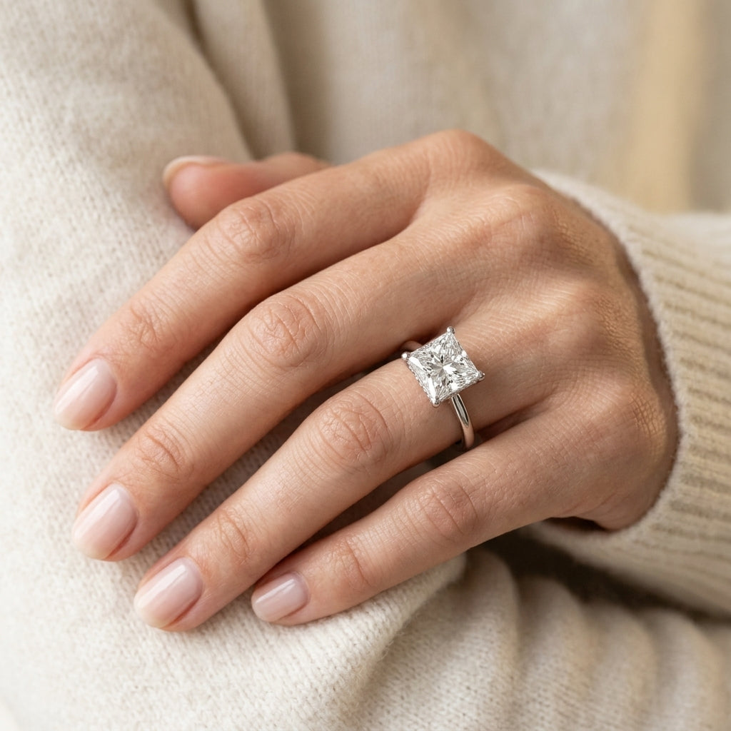 Square & Princess Cut Hidden Halo Engagement Ring - worn lifestyle photo