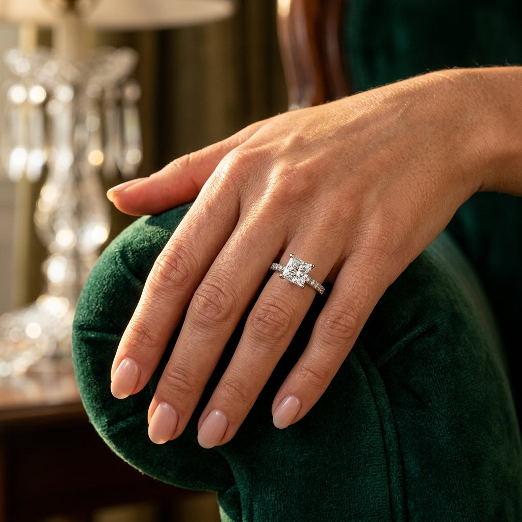 Princess Cut Hidden Halo Engagement Ring - worn lifestyle photo