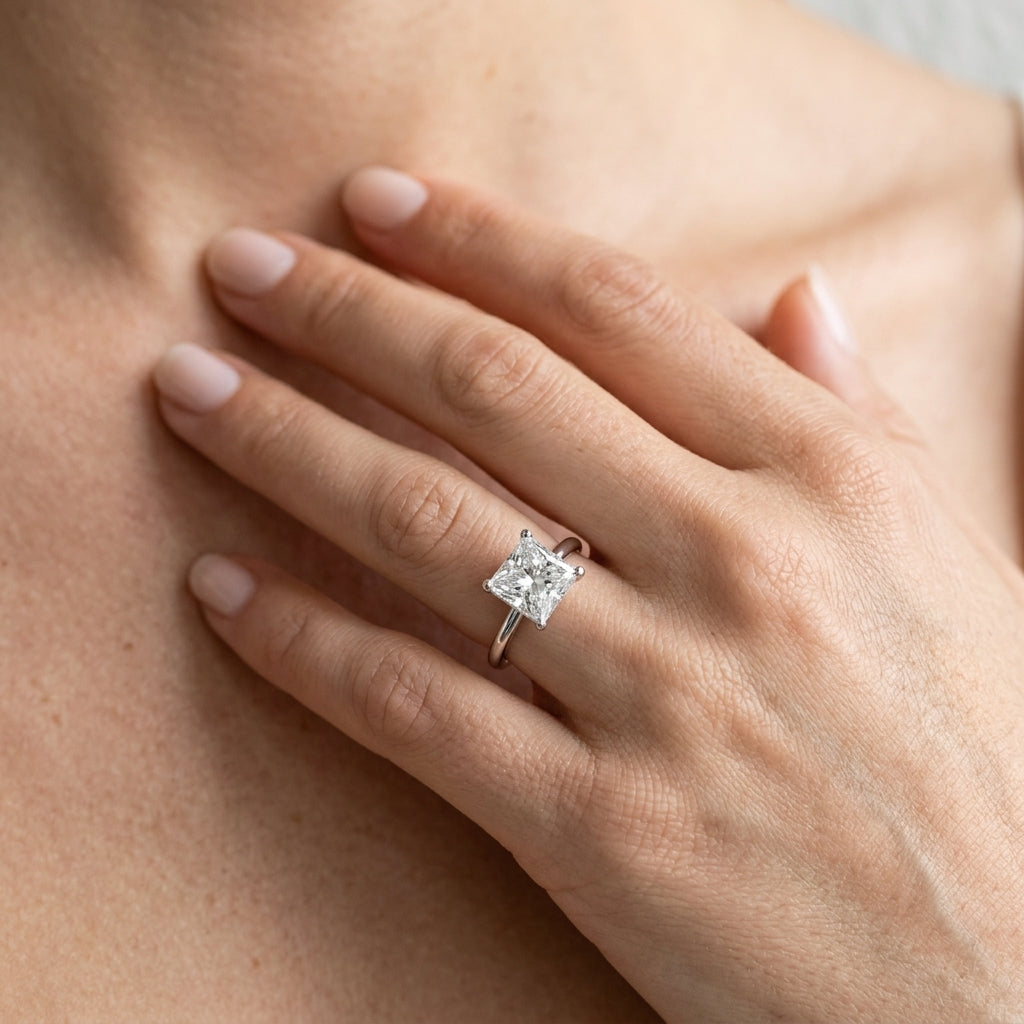 Hidden Halo Princess Cut Engagement Ring - worn lifestyle photo