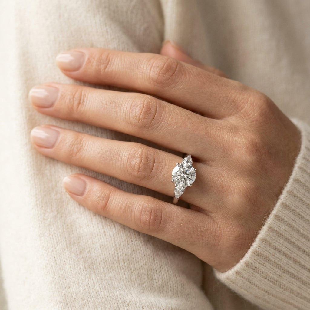Pear Accent Three-Stone Engagement Ring - worn lifestyle photo