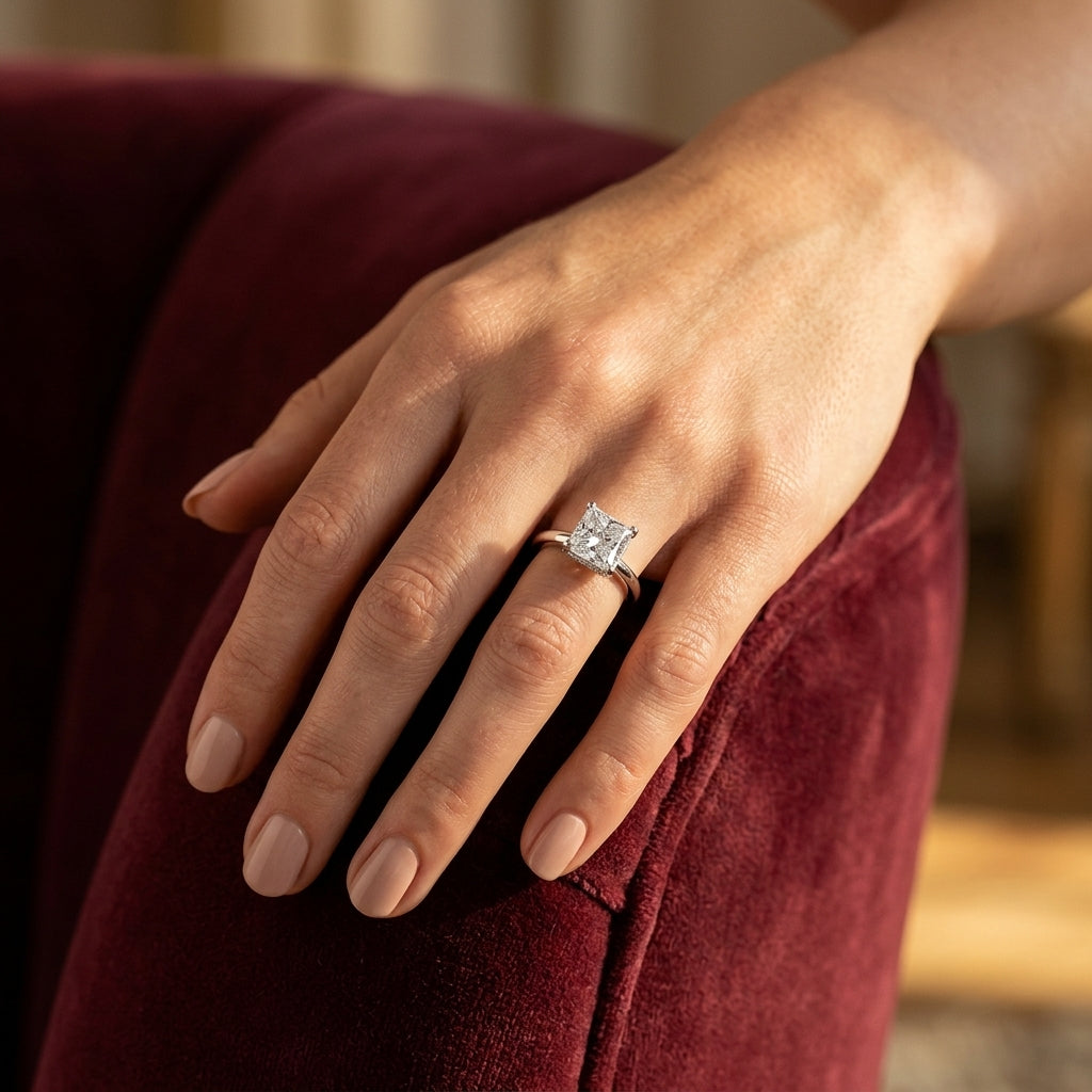 Double Hidden Halo Princess Cut Engagement Ring - worn lifestyle photo