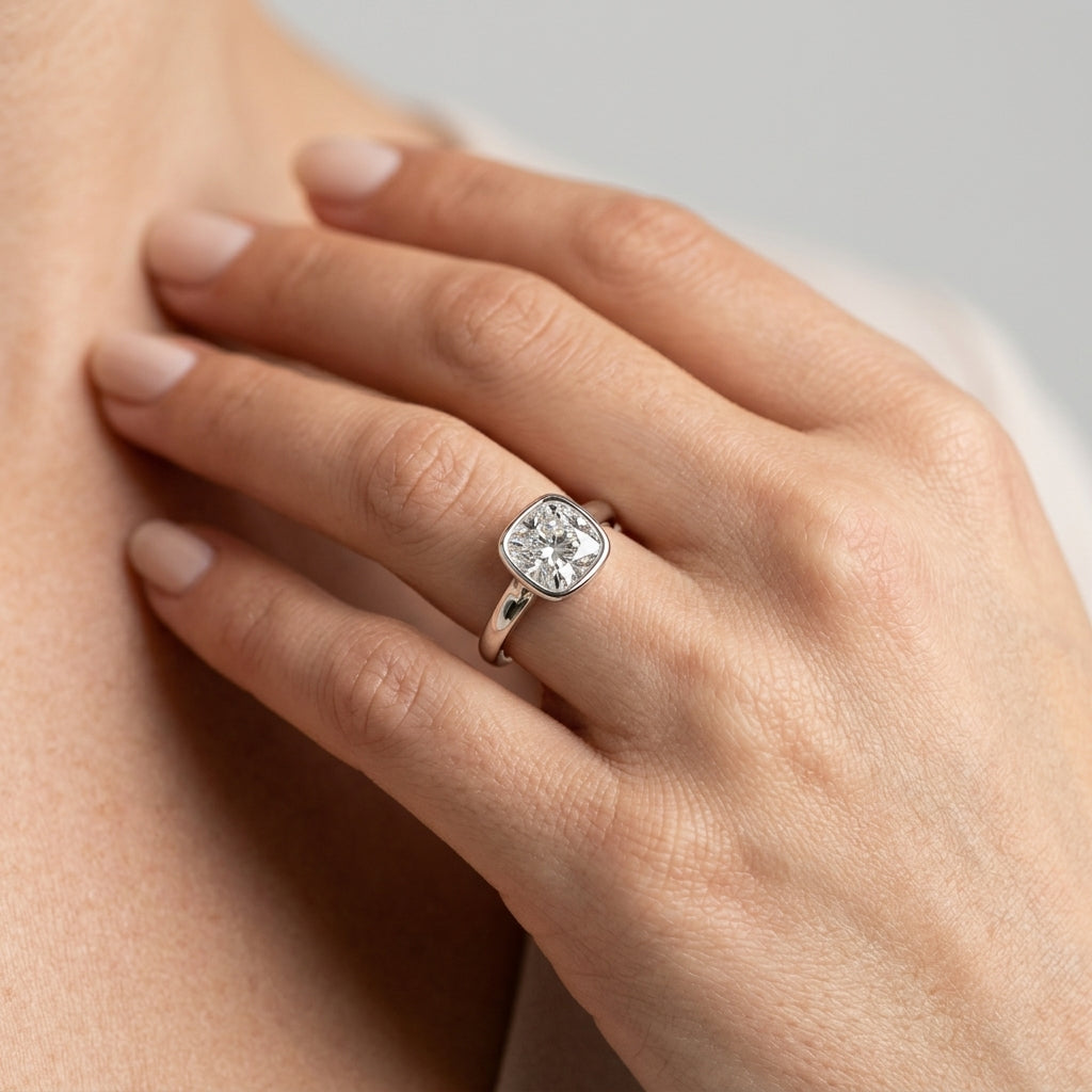 Bezel Set Cushion Solitaire Engagement Ring - worn lifestyle photo
