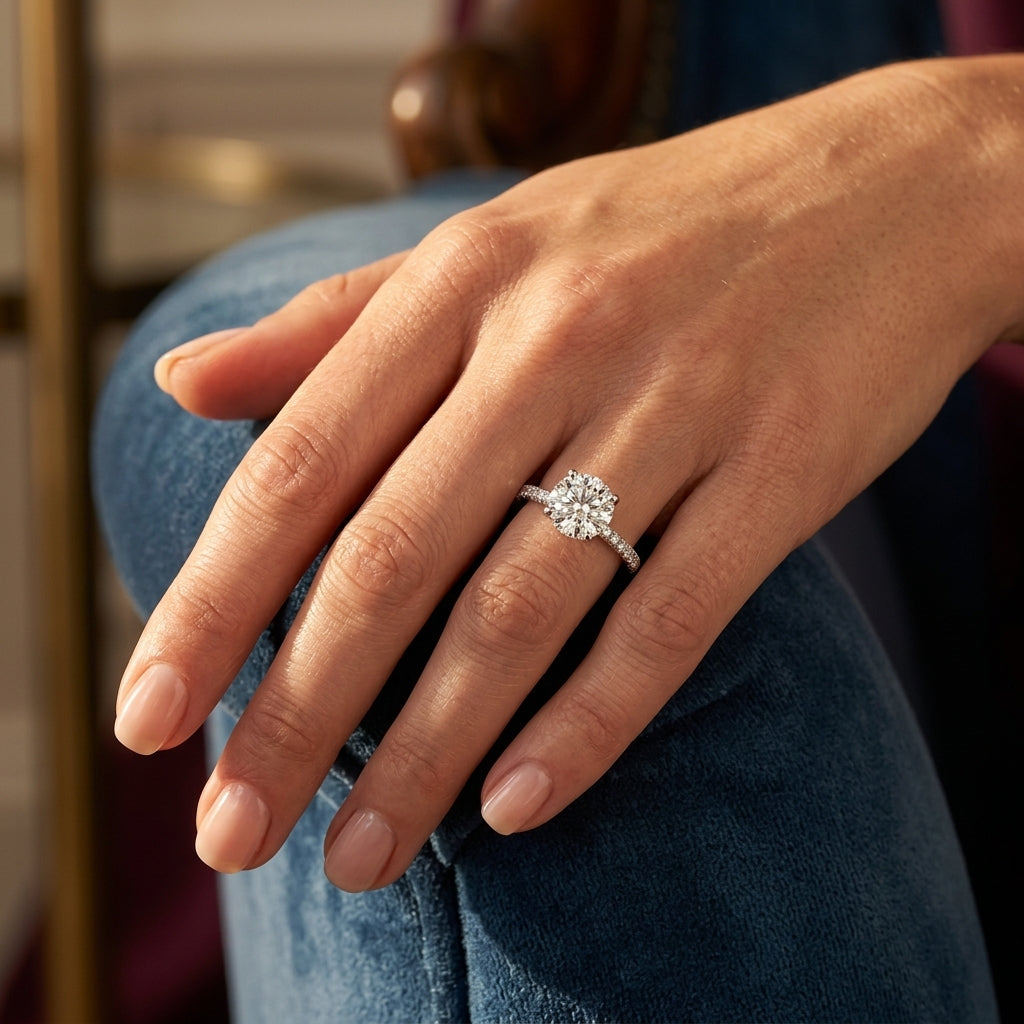 Hidden Halo Engagement Ring - worn lifestyle photo