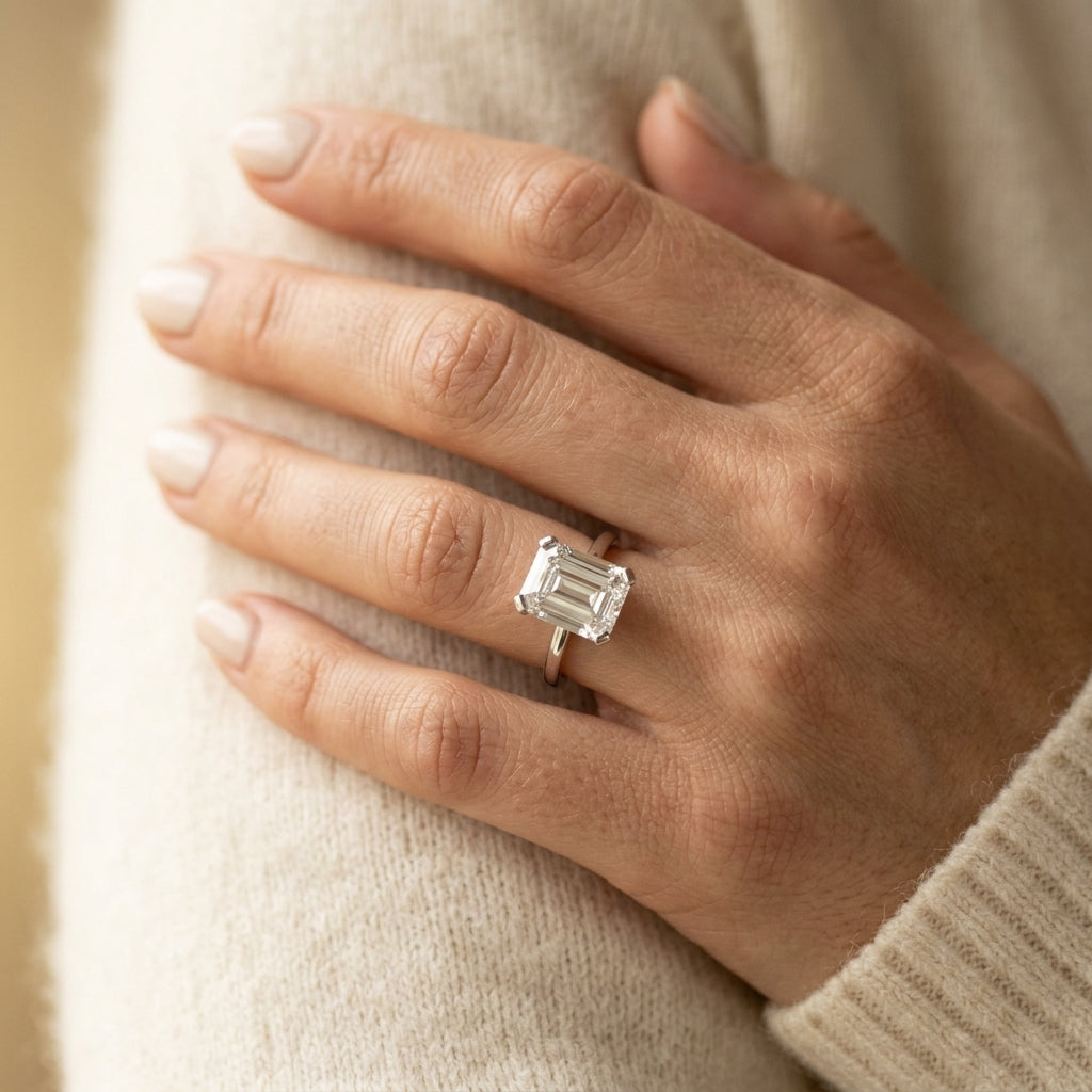 Emerald Cut Solitaire Engagement Ring - worn lifestyle photo