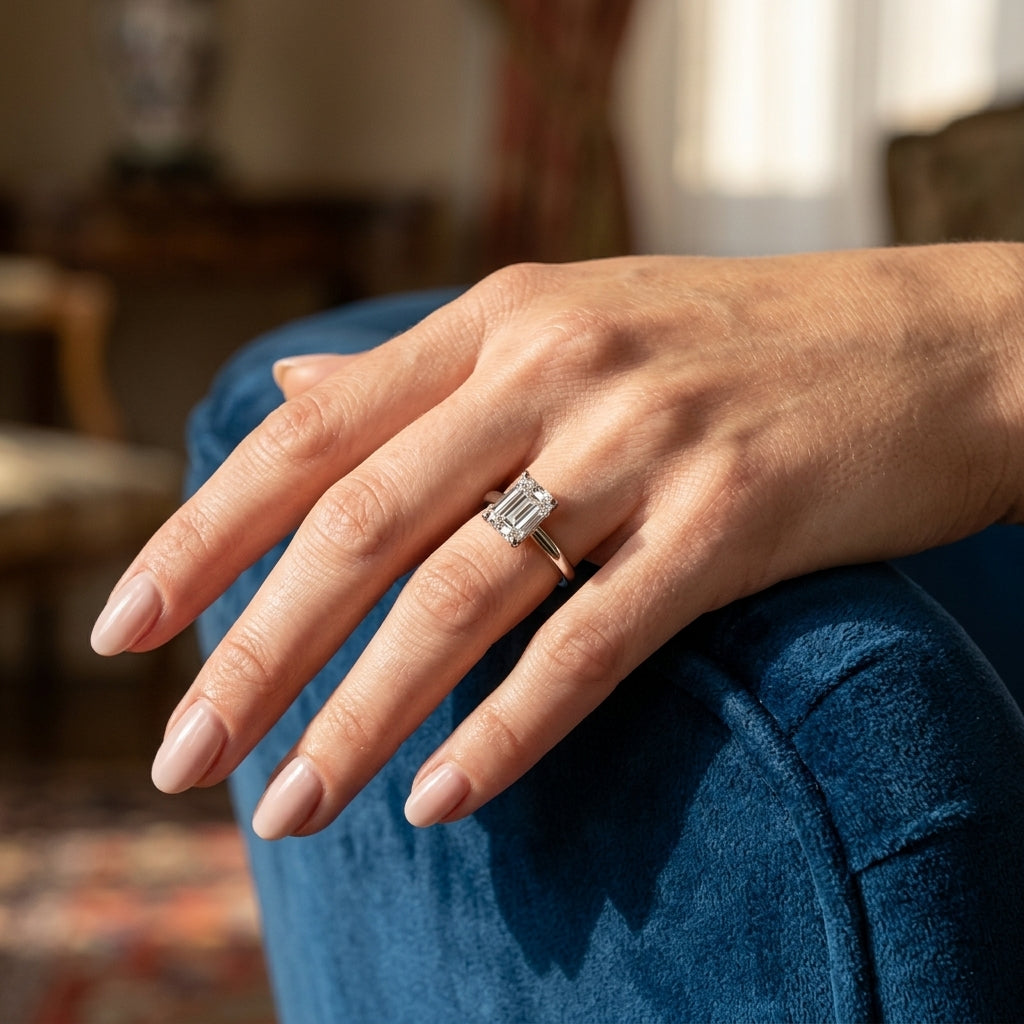 Solitaire Cathedral Emerald-Cut Engagement Ring - worn lifestyle photo