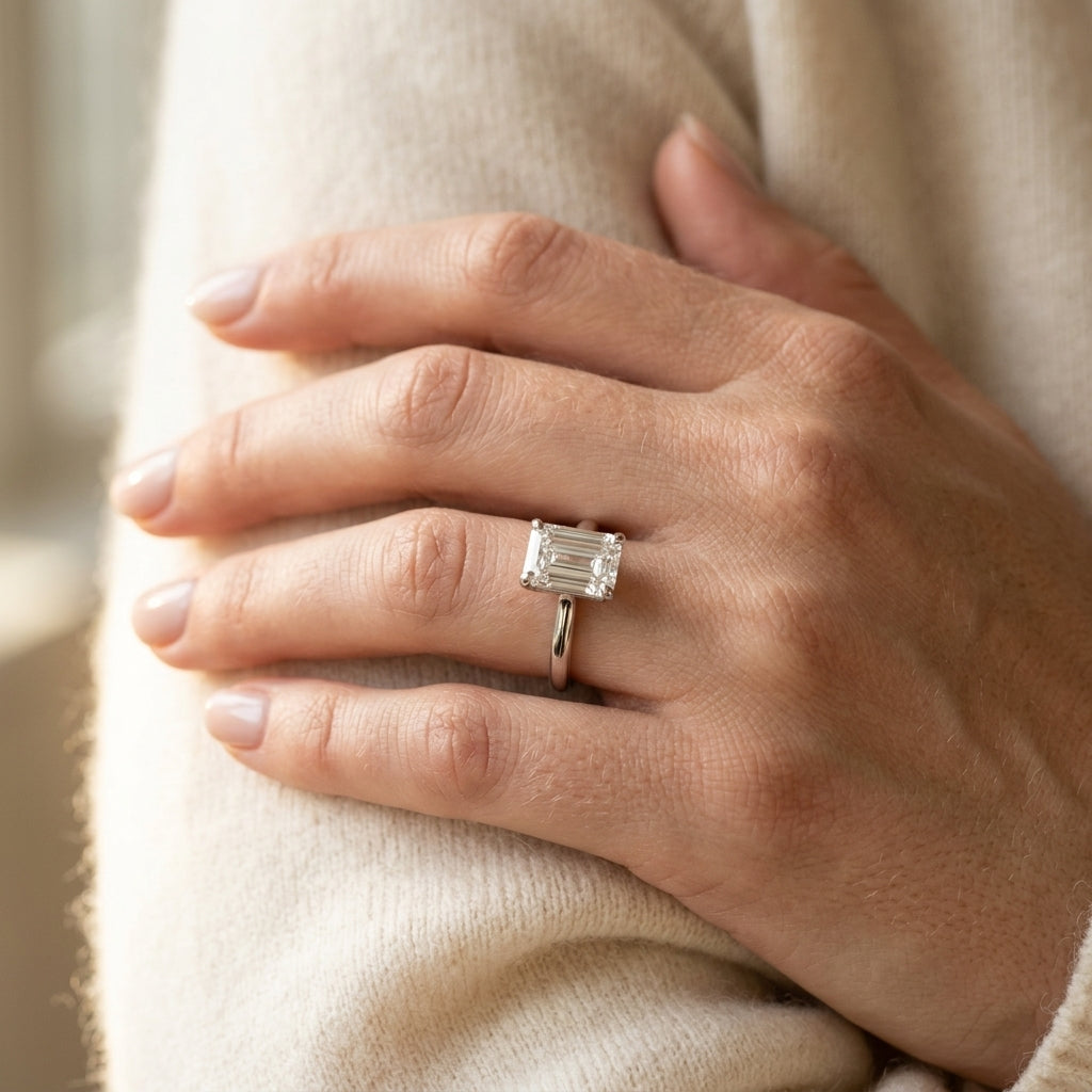 Solitaire Emerald Cut Engagement Ring - worn lifestyle photo
