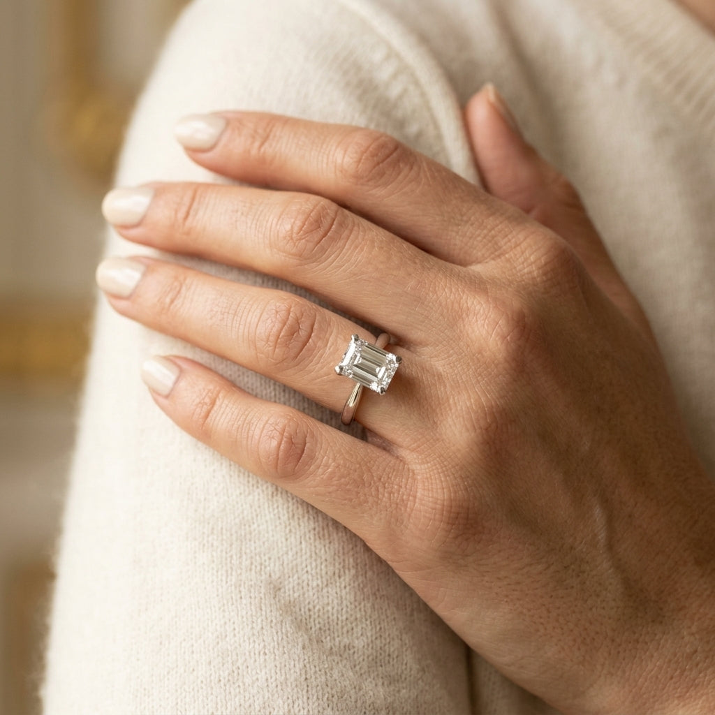 Solitaire Emerald Cut Engagement Ring - worn lifestyle photo