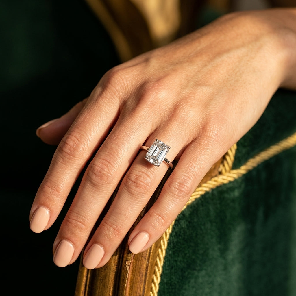 Solitaire Emerald-Cut Engagement Ring - worn lifestyle photo