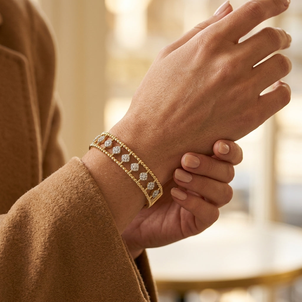 Gabriel & Co. 14K Yellow Gold Bujukan Diamond Cuff Bangle SZ 6.25 3/4CTW - worn lifestyle photo