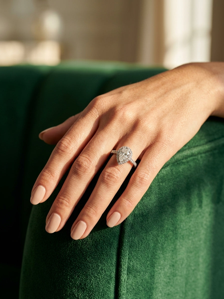 14K Two-Tone White Gold 0.80 CTW Natural Diamond Pear-Shaped Composite Halo Engagement Ring - worn lifestyle photo