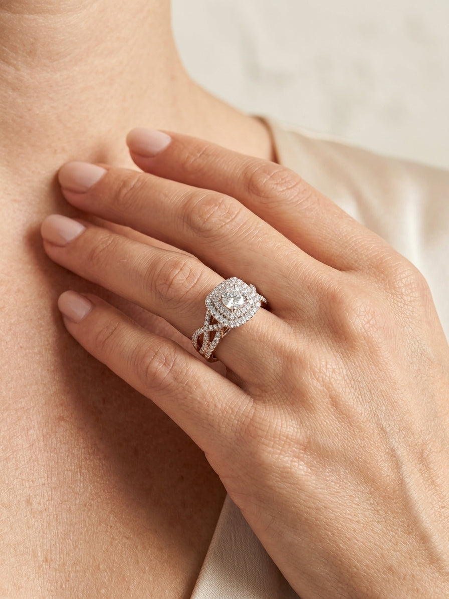 14K Rose Gold 1.50 CTW Round Diamond Double Halo Twist Wedding Set - worn lifestyle photo