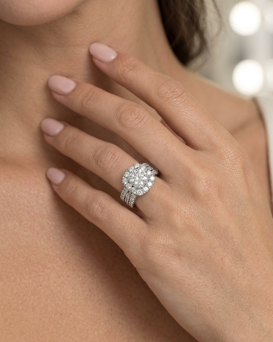 14K White Gold 2.00 CTW Radiant-Shaped Composite Diamond Halo Engagement Ring - worn lifestyle photo