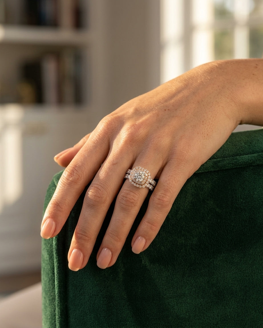 14K Two-Tone White & Rose Gold Double Halo Diamond Wedding Set - worn lifestyle photo