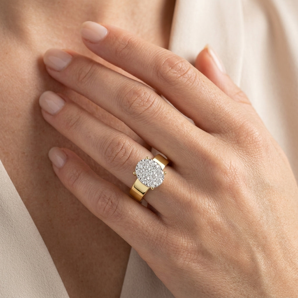1/2 Ctw Bold Shank Oval Shaped Lovebright Round Cut Diamond Ring in 14K Yellow and White Gold - worn lifestyle photo