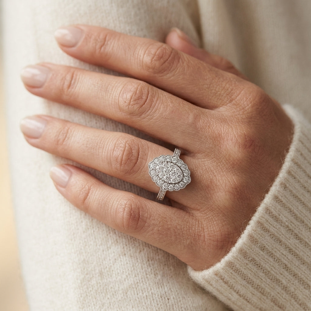 1/3 Ctw Oval Lattice Lovebright Round Cut Diamond Ladies Ring in 14K White Gold - worn lifestyle photo