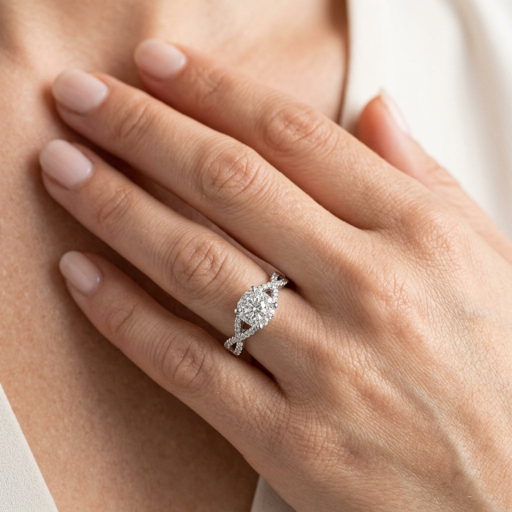 5/8 Ctw Lovebright Round Cut Diamond Engagement Ring in 14K White Gold - worn lifestyle photo