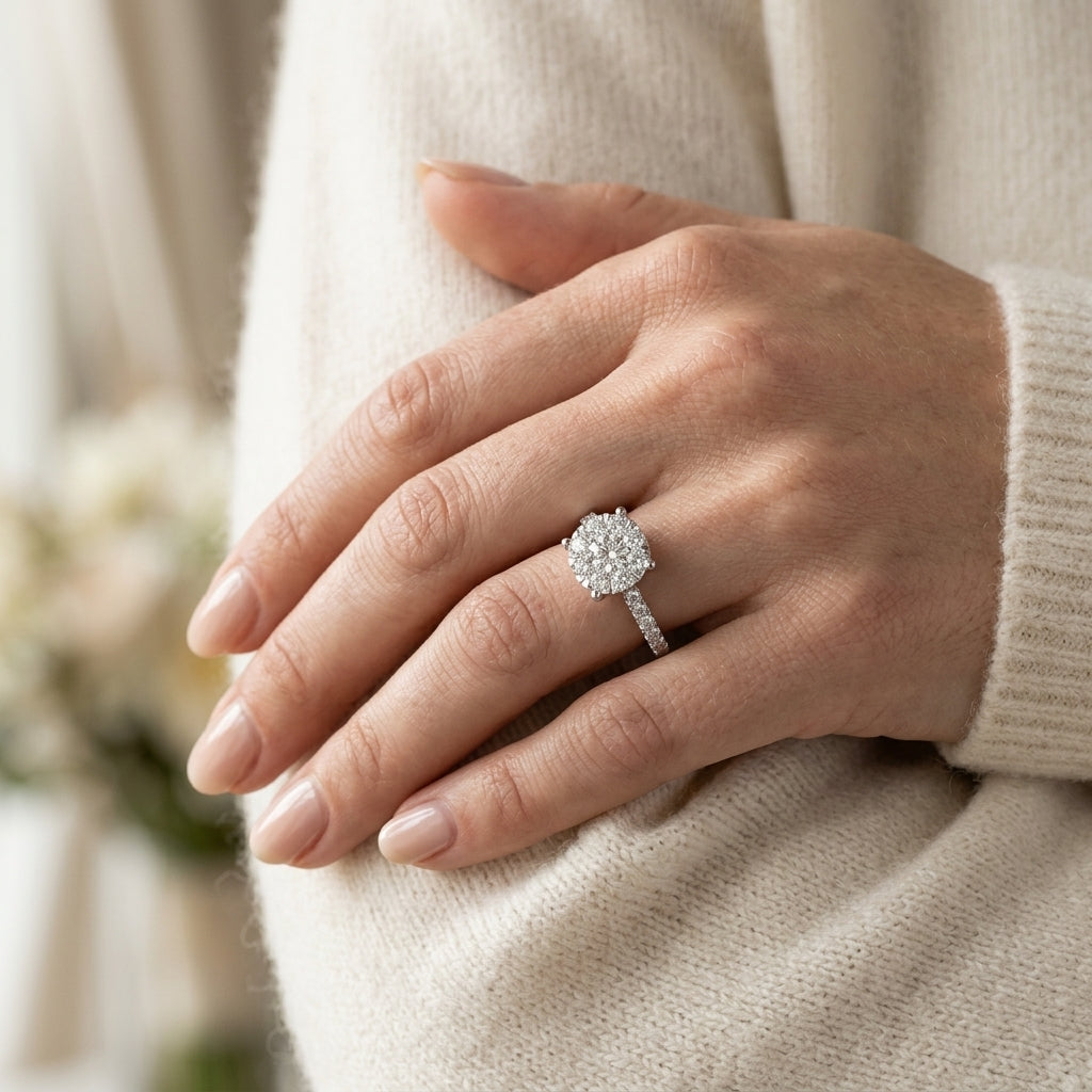 3/4 Ctw Round Cut Lovebright Diamond Ring in 14K White Gold - worn lifestyle photo
