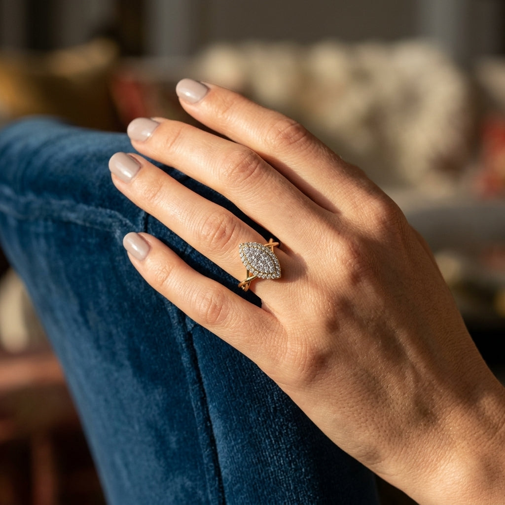 1/3 Ctw Marquise Shape Round Cut Diamond Lovebright Ring in 14K Yellow and White Gold - worn lifestyle photo