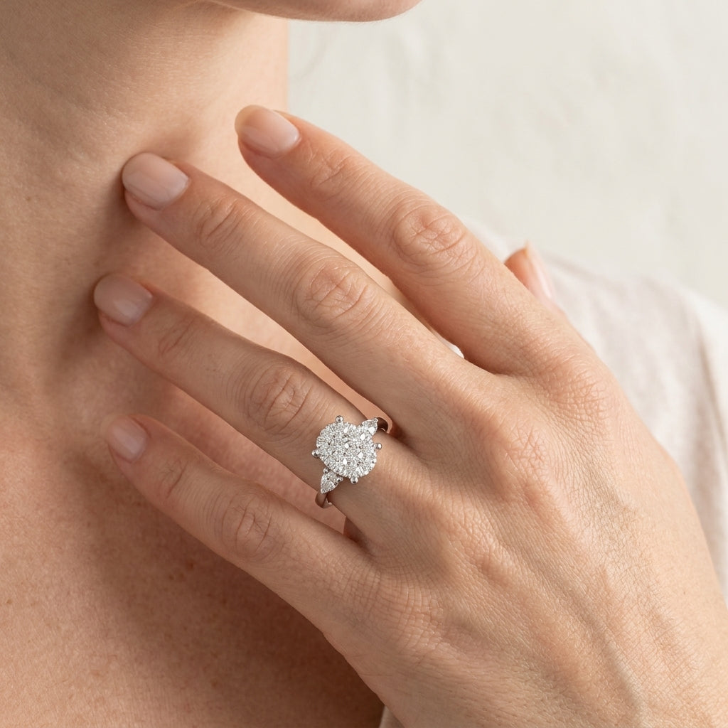 3/4 Ctw Oval Shape Lovebright Pear and Round Cut Diamond Engagement Ring in 14K White Gold - worn lifestyle photo