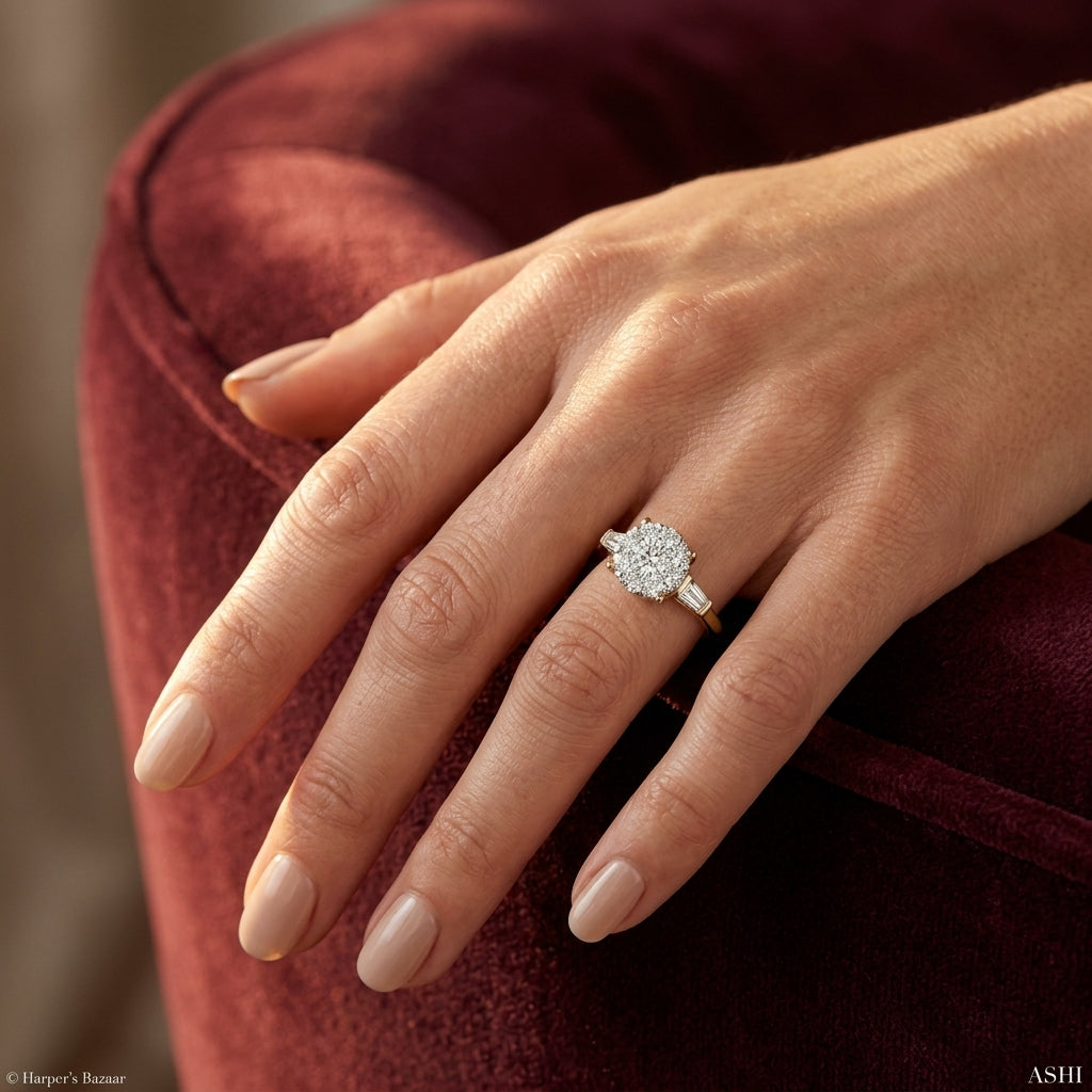 3/4 Ctw Round and Baguette Diamond Lovebright Engagement Ring in 14K Yellow and White gold - worn lifestyle photo