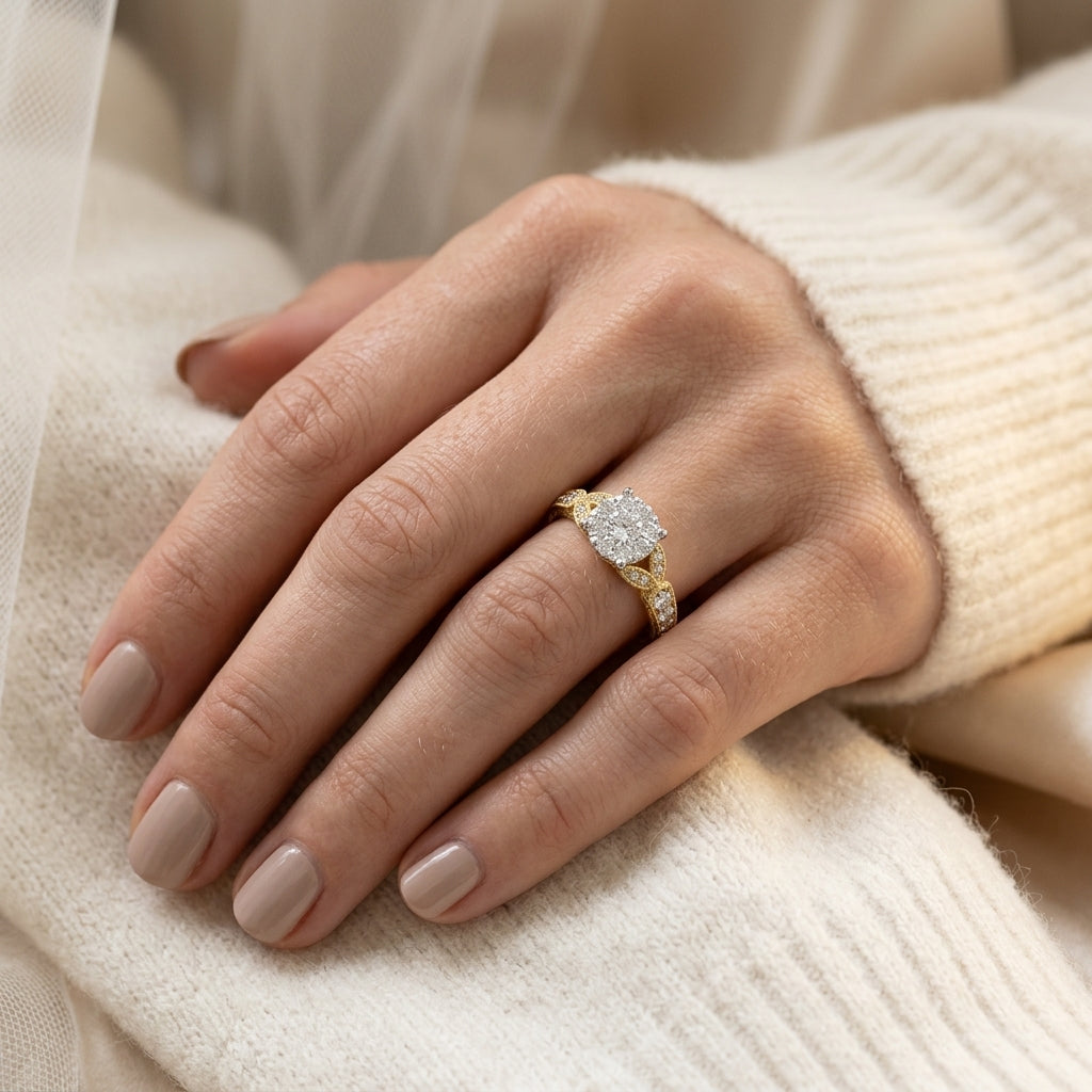 1/2 Ctw Round Cut Diamond Lovebright Engagement Ring in 14K Yellow and White Gold - worn lifestyle photo