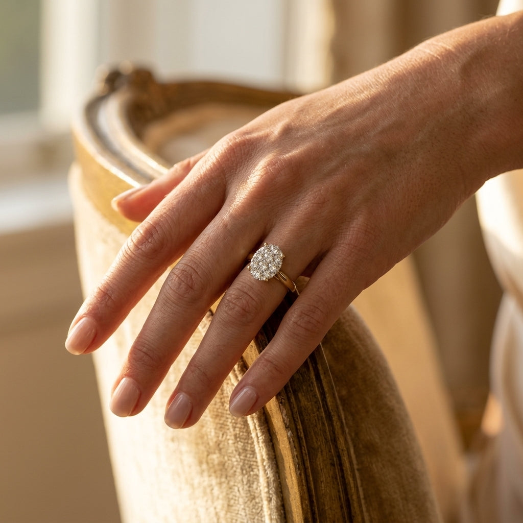 1/2 Ctw Knife Edge Shank Oval Shaped Lovebright Round Cut Diamond Ring in 14K Yellow and White Gold - worn lifestyle photo
