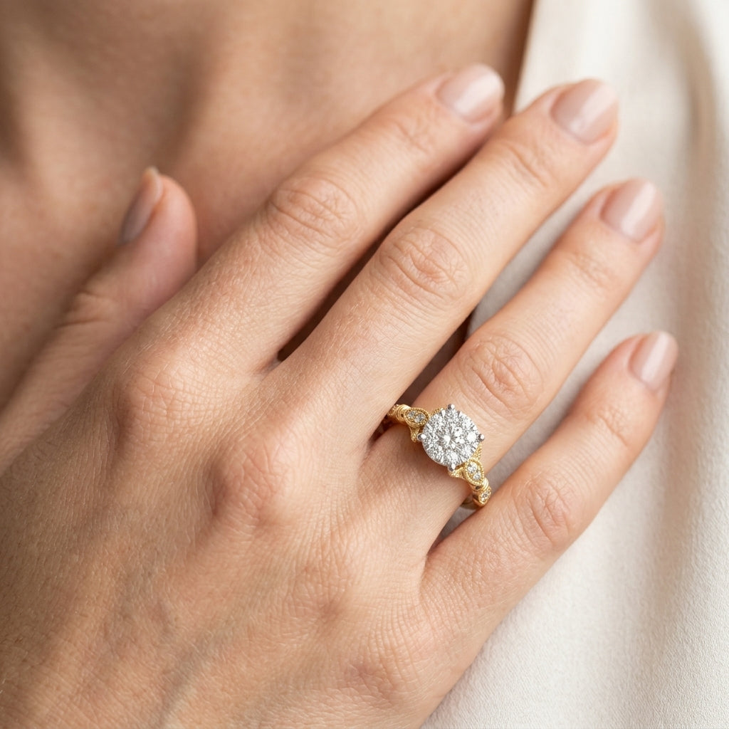 1/2 Ctw Marquise Shank Circular Mount Lovebright Round Cut Diamond Ring in 14K Yellow and White Gold - worn lifestyle photo