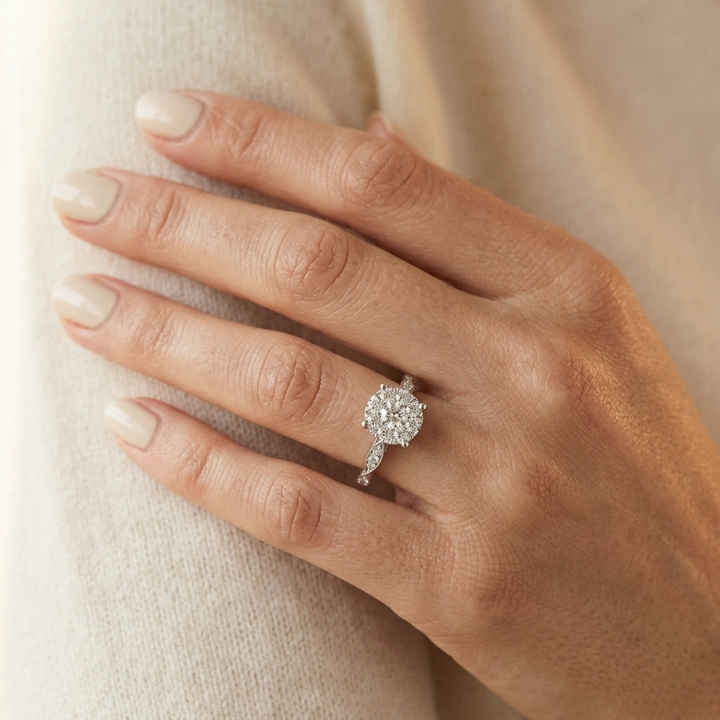 1/2 Ctw Round Shape Lovebright Marquise Carved Round Cut Diamond Engagement Ring in 14K White Gold - worn lifestyle photo