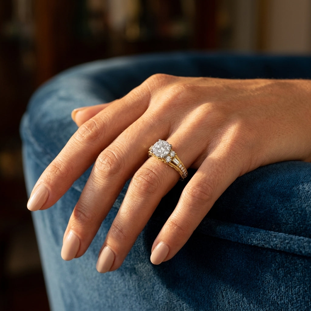 7/8 Ctw Circular Mount Lovebright Round Cut and Baguette Diamond Engagement Ring in 14K Yellow and White Gold - worn lifestyle photo