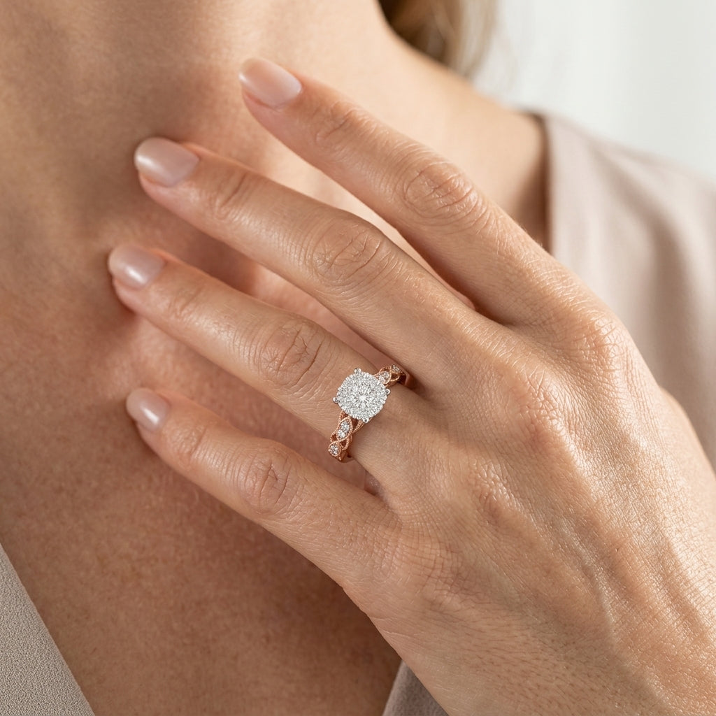 3/8 Ctw Two-Tone Lattice Round Cut Diamond Lovebright Ring in 14K Rose and White Gold - worn lifestyle photo