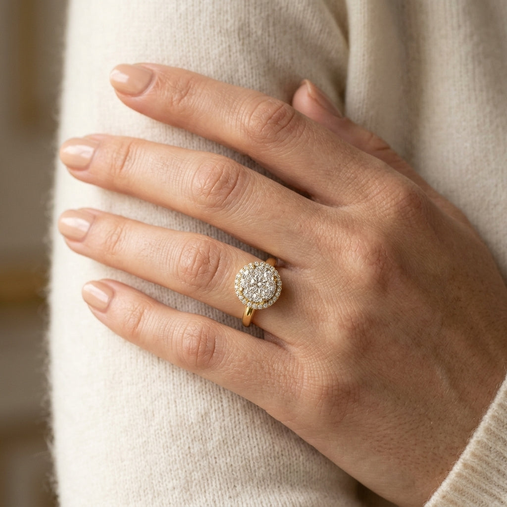 1 1/2 Ctw Lovebright Round Cut Diamond Engagement Ring in 14K Yellow and White Gold - worn lifestyle photo