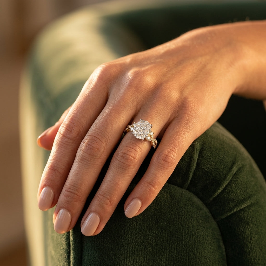 3/4 Ctw Oval Shape Center Criss Cross Shank Lovebright Round Cut Diamond Engagement Ring in 14K Yellow and White gold - worn lifestyle photo