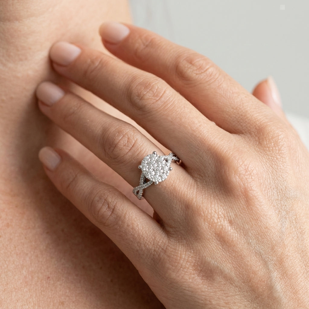 5/8 Ctw Oval Shape Center Split Criss Cross Shank Lovebright Round Cut Diamond Engagement Ring in 14K White Gold - worn lifestyle photo