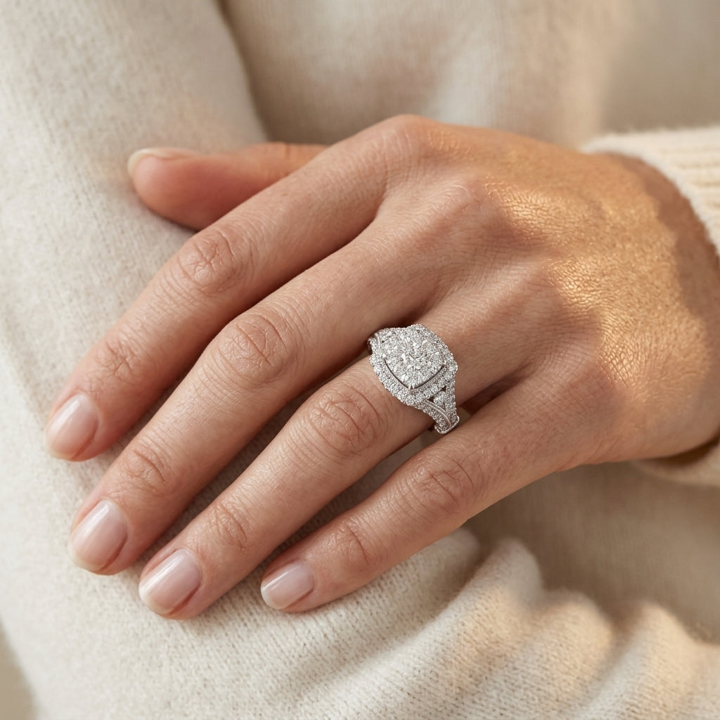 1 1/4 Ctw Round Diamond Lovebright Vintage Style Halo Engagement Ring in 14K White Gold - worn lifestyle photo