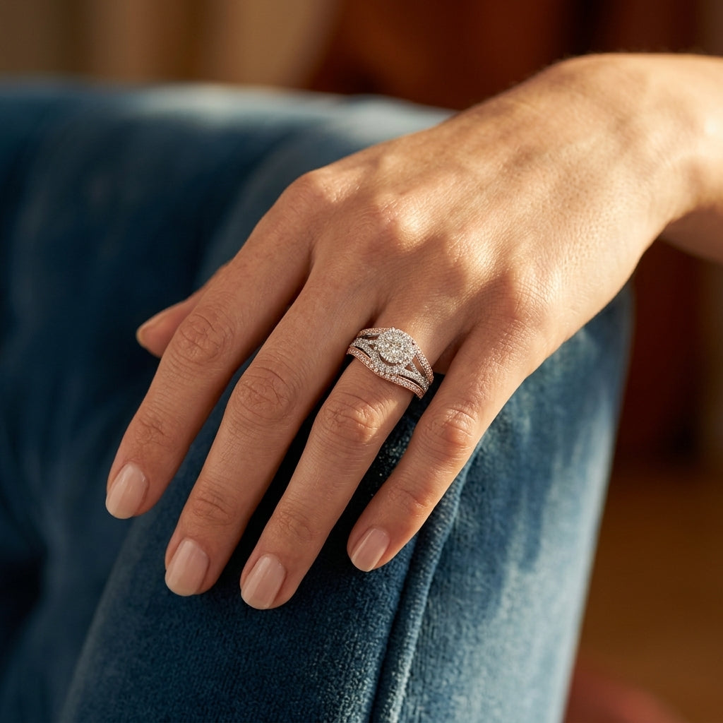 1 1/10 Ctw Round Diamond Lovebright Engagement Ring in 14K White and Rose Gold - worn lifestyle photo
