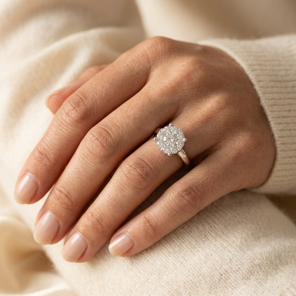 3/4 Ctw Lovebright Round Cut Diamond Bridal Ring in 14K White Gold - worn lifestyle photo