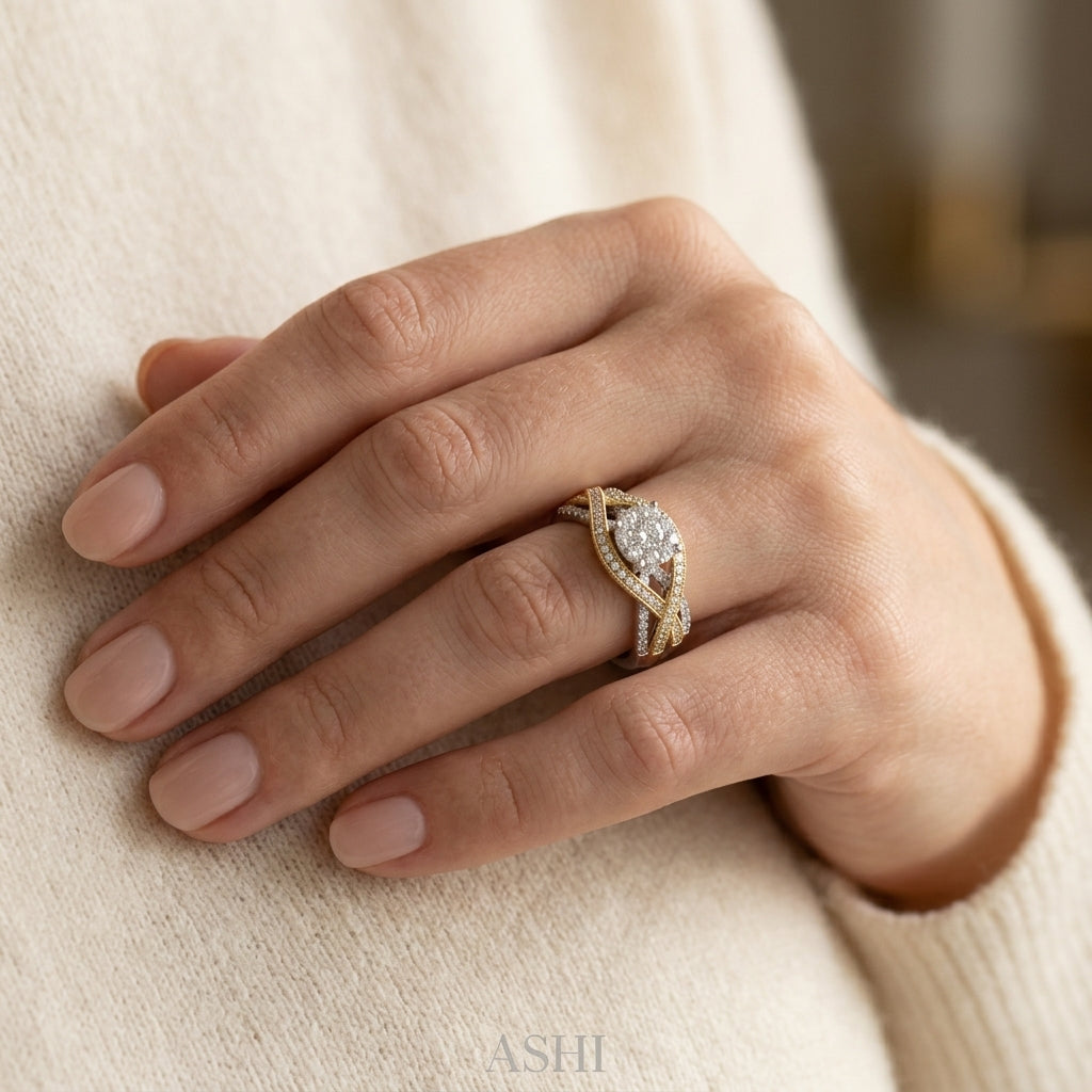 7/8 Ctw Round Diamond Lovebright Crossover Shank Engagement Ring in 14K White and Yellow Gold - worn lifestyle photo