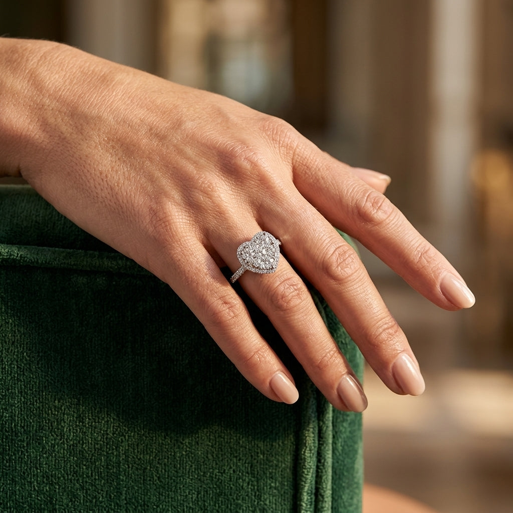 1 1/10 Ctw Round Diamond Lovebright Heart Halo Engagement Ring in 14K White and Rose Gold - worn lifestyle photo
