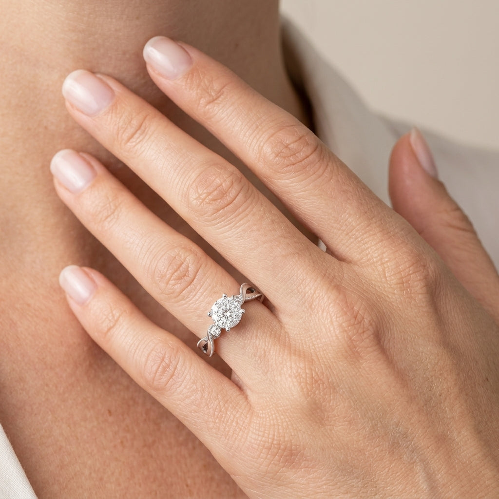 1/3 Ctw Round Cut Diamond Lovebright Engagement Ring in 14K White Gold - worn lifestyle photo