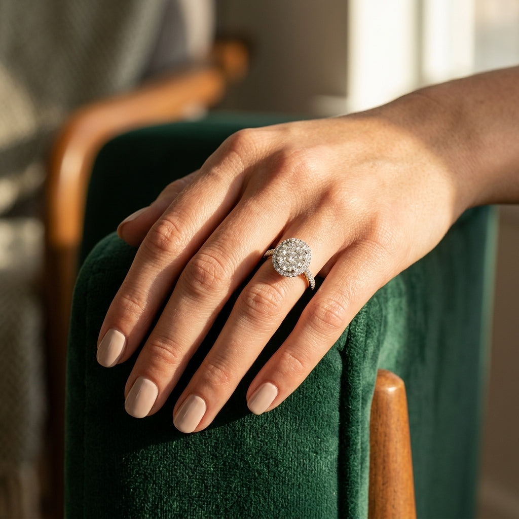 1 Ctw Round Diamond Lovebright Oval Shape Halo Engagement Ring in 14K White and Yellow Gold - worn lifestyle photo
