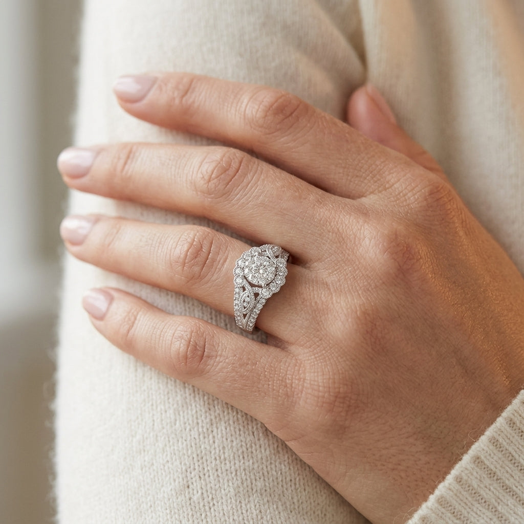 3/4 Ctw Diamond Lovebright Engagement Ring in 14K White Gold - worn lifestyle photo